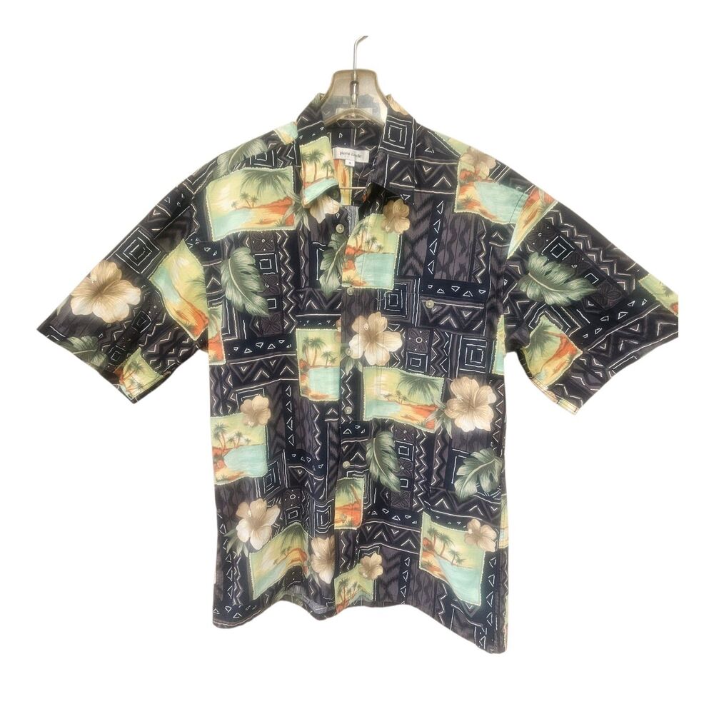 PIERRE CARDIN Hawaiian Shirt Size M Hibiscus Palm Leaves Black Button front